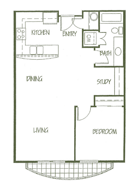Floor plan for 1 bed, 1 bath, 748 sqft
